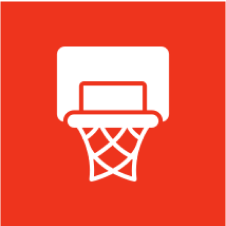 Basketball hoop icon on red background.