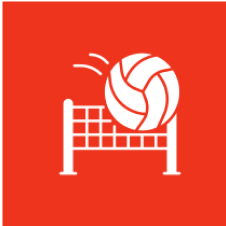 Volleyball icon with net on red background.