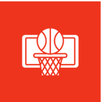 Basketball and hoop icon on red background.