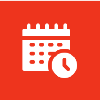 Calendar and clock icon on red background.